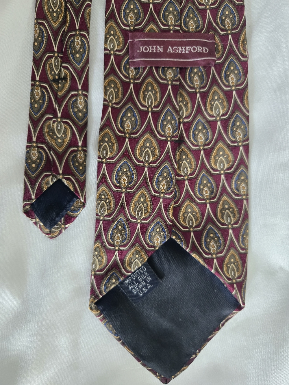 John Ashford Burgundy Paisley-Style Silk Tie with Gold and Navy Accents